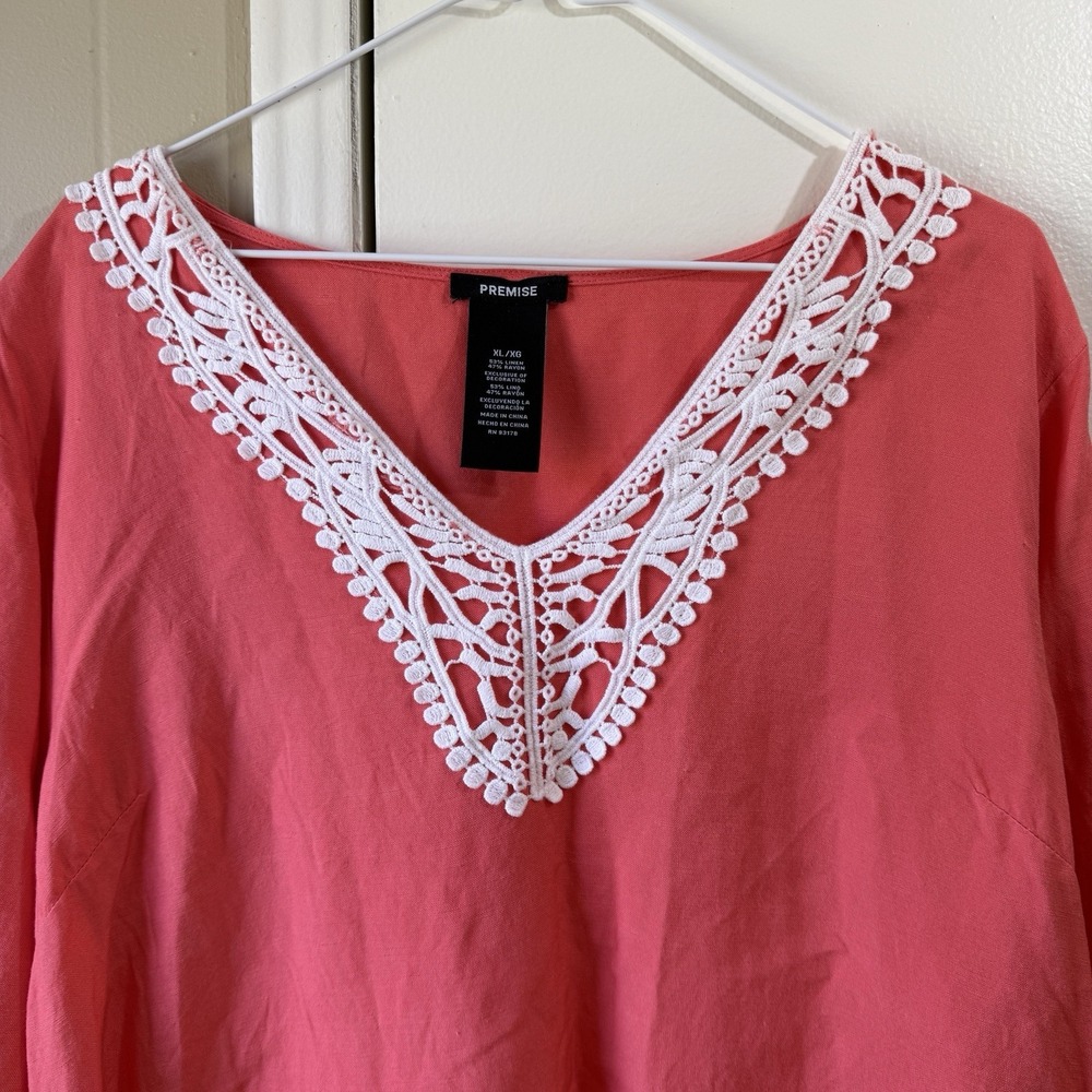 Womens Lagenlook Linen Blend Tunic Top XL Coral Embroidered Cottage Boho Baggy - Picture 3 of 11